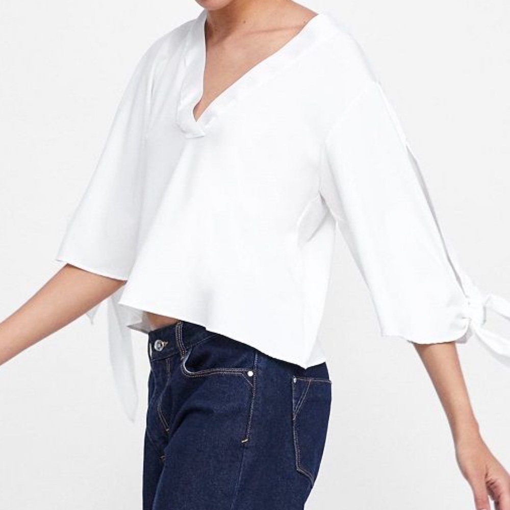 Zara Off White Tied Bell Sleeve V Neck Top - Picture 3 of 11